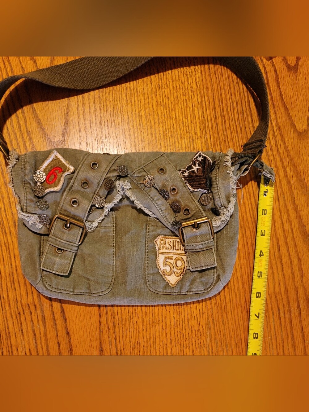 Vintage Y2K Olive Green Canvas Shoulder Bag with Patch Accents - Picture 4 of 8